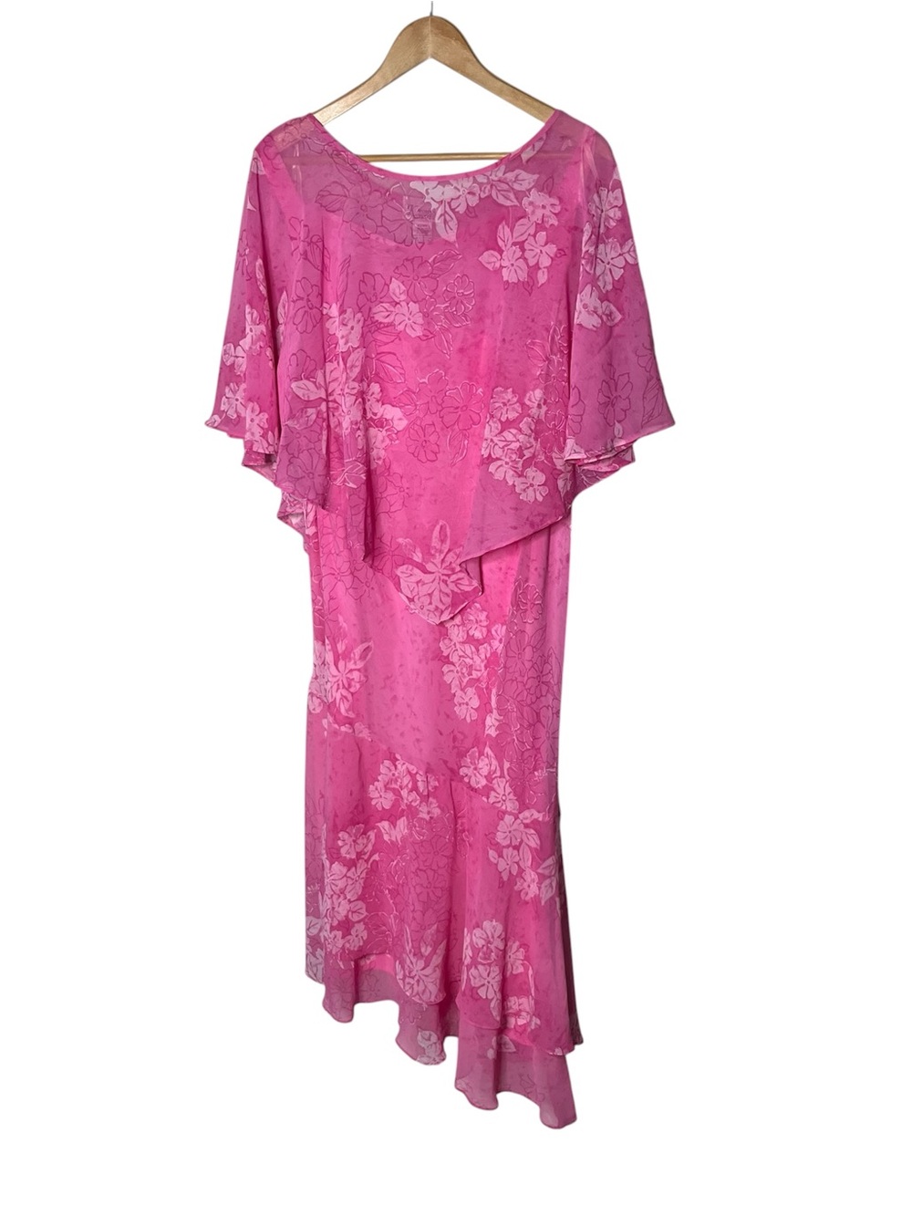 NEW Vintage Pink Floral Chiffon Asymmetrical Midi Dress w/ Poncho Fairycore